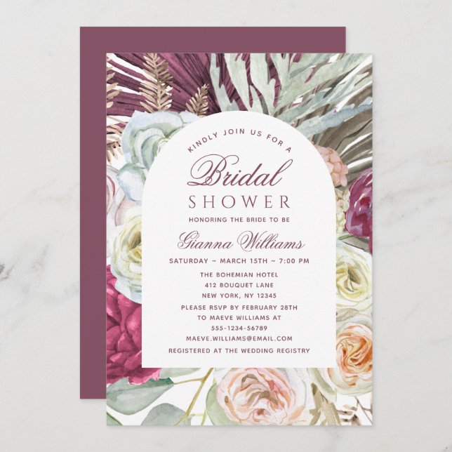 Invitación Elegante acuarela Boho Floral Bridal Shower (Anverso / Reverso)