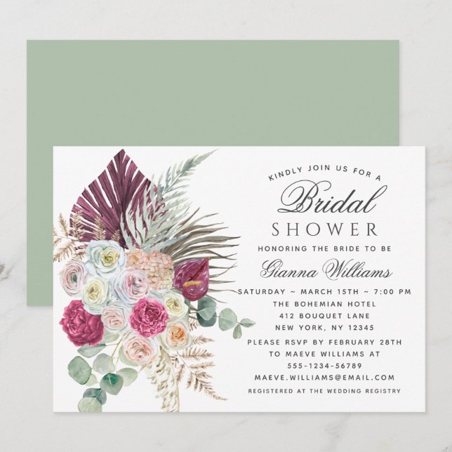 Invitación Elegante acuarela Boho Floral Bridal Shower (Anverso / Reverso)