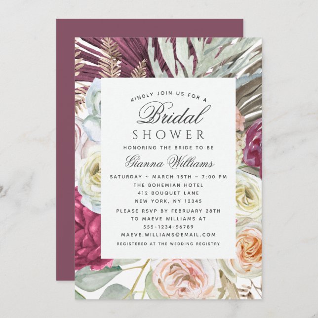 Invitación Elegante acuarela Boho Floral Bridal Shower (Anverso / Reverso)