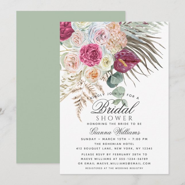 Invitación Elegante acuarela Boho Floral Bridal Shower (Anverso / Reverso)