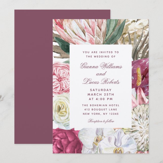 Invitación Elegante acuarela Boho Floral Country Wedding (Anverso / Reverso)