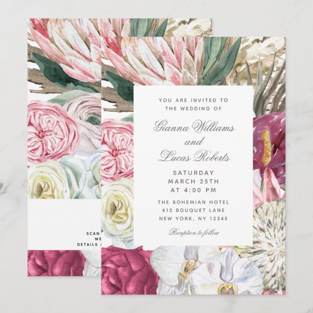 Invitación Elegante acuarela Boho Floral Country Wedding (Anverso / Reverso)