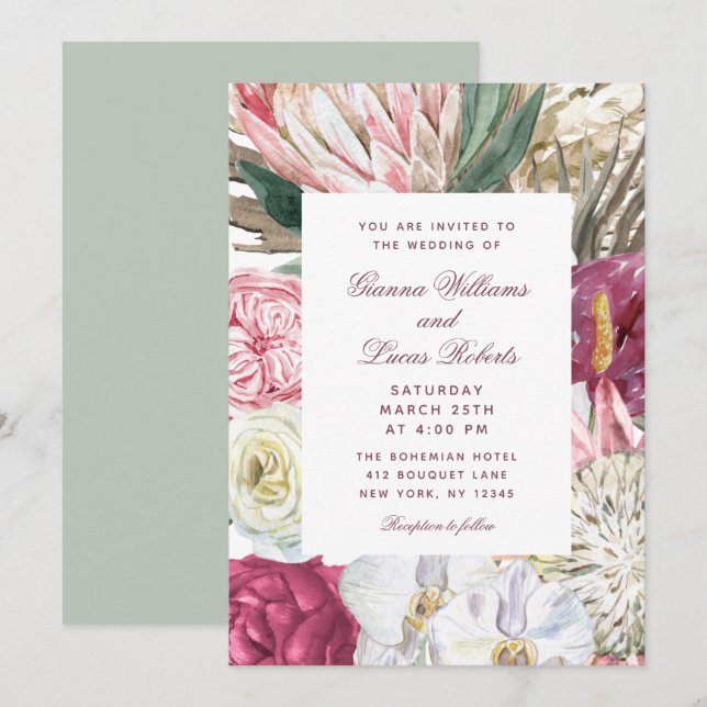 Invitación Elegante acuarela Boho Floral Country Wedding (Anverso / Reverso)