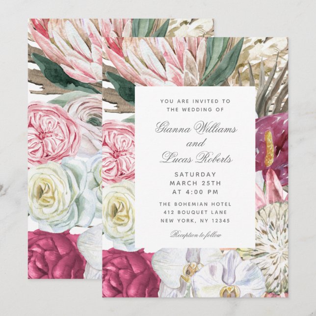 Invitación Elegante acuarela Boho Floral Country Wedding (Anverso / Reverso)