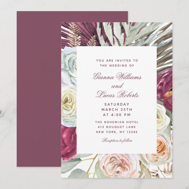 Invitación Elegante acuarela Boho Floral Country Wedding (Anverso / Reverso)