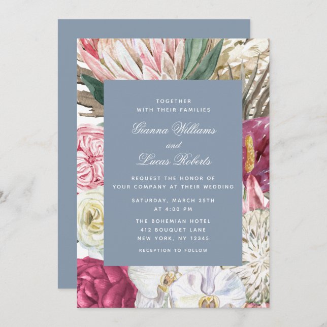 Invitación Elegante acuarela Boho Floral Country Wedding (Anverso / Reverso)