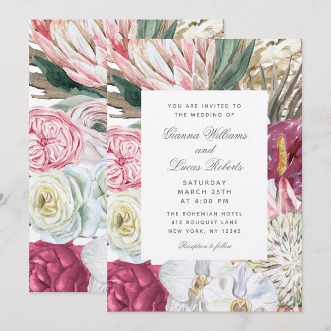 Invitación Elegante acuarela Boho Floral Country Wedding (Anverso / Reverso)