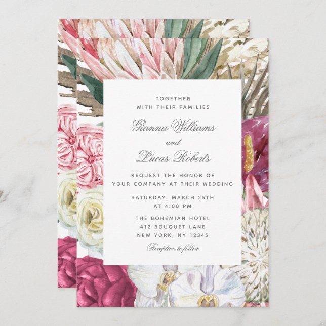 Invitación Elegante acuarela Boho Floral Country Wedding (Anverso / Reverso)