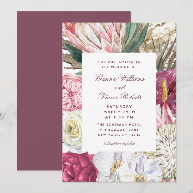 Invitación Elegante acuarela Boho Floral Country Wedding (Anverso / Reverso)