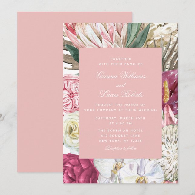 Invitación Elegante acuarela Boho Floral Country Wedding (Anverso / Reverso)