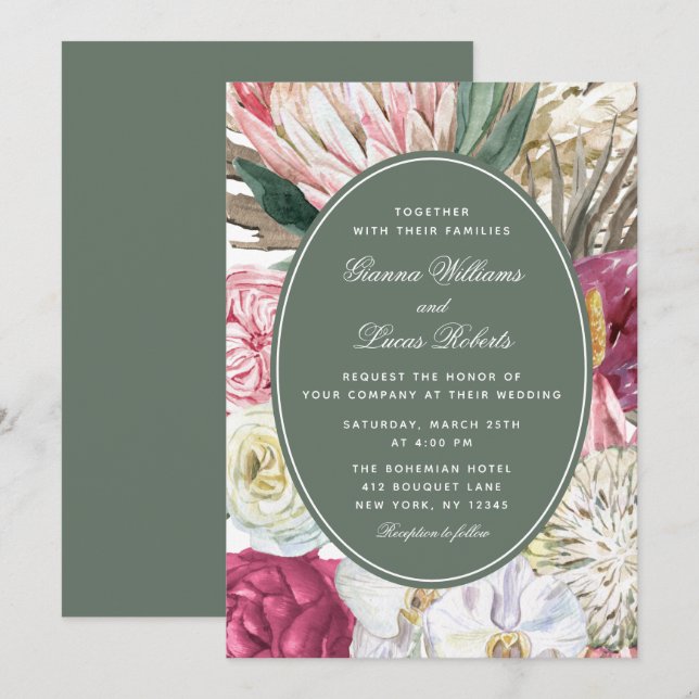 Invitación Elegante acuarela Boho Floral Country Wedding (Anverso / Reverso)