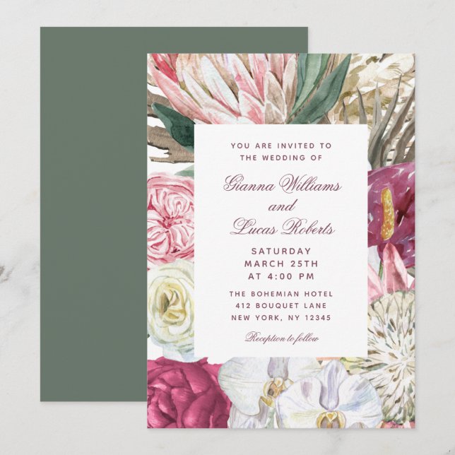 Invitación Elegante acuarela Boho Floral Country Wedding (Anverso / Reverso)