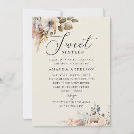 Invitación Elegante acuarela boho floral dulce 16 cumpleaños