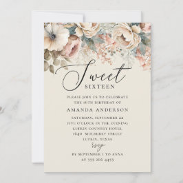 Invitación Elegante acuarela boho floral Sweet 16 cumpleaños