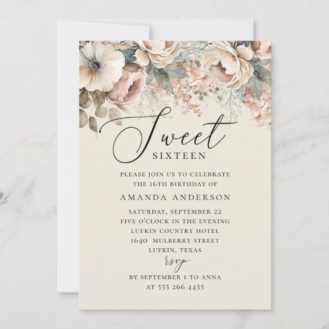 Invitación Elegante acuarela boho floral Sweet 16 cumpleaños (Anverso)