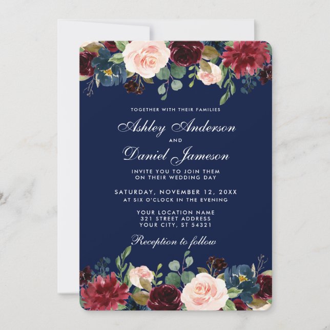 Invitación Elegante acuarela Borgoña Azul Boda Floral (Anverso)