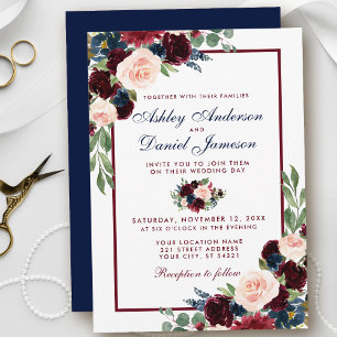 Invitación Elegante acuarela Borgoña Azul Boda Floral