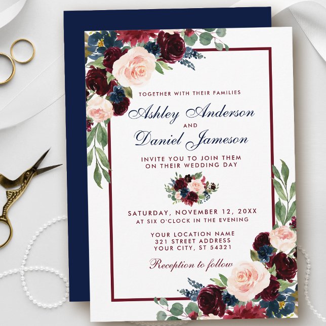 Invitación Elegante acuarela Borgoña Azul Boda Floral (Customize to change text color, style, add text & photos to back or change color of back of card.)