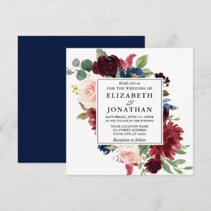 Invitación Elegante acuarela Borgoña Azul Floral Boda Plaza