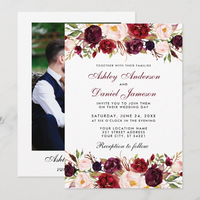 Invitación Elegante acuarela Borgoña Boda de fotografía flora (Anverso / Reverso)