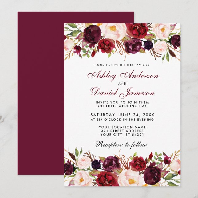 Invitación Elegante acuarela Borgoña Boda floral (Anverso / Reverso)