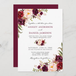 Invitación Elegante acuarela Borgoña Boda floral rosa