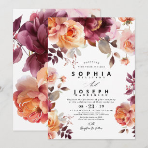 Invitación Elegante acuarela Borgoña Bouquet Boda Floral
