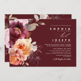 Invitación Elegante acuarela Borgoña Bouquet Boda Floral