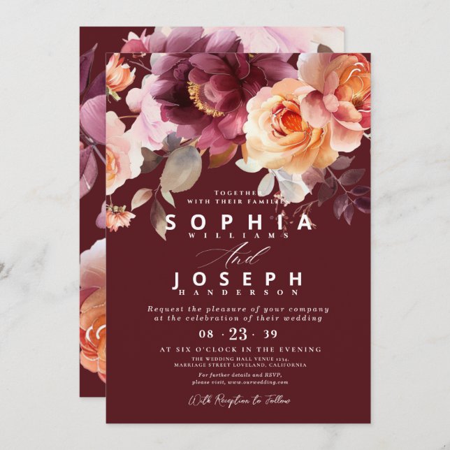 Invitación Elegante acuarela Borgoña Bouquet Boda Floral (Anverso / Reverso)