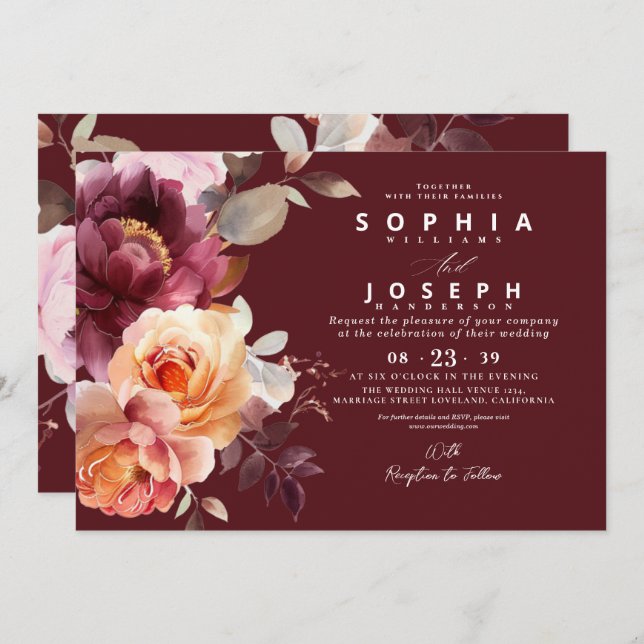 Invitación Elegante acuarela Borgoña Bouquet Boda Floral (Anverso / Reverso)
