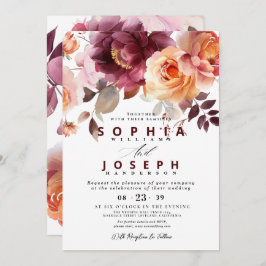 Invitación Elegante acuarela Borgoña Bouquet Boda Floral