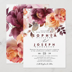 Invitación Elegante acuarela Borgoña Bouquet Boda Floral
