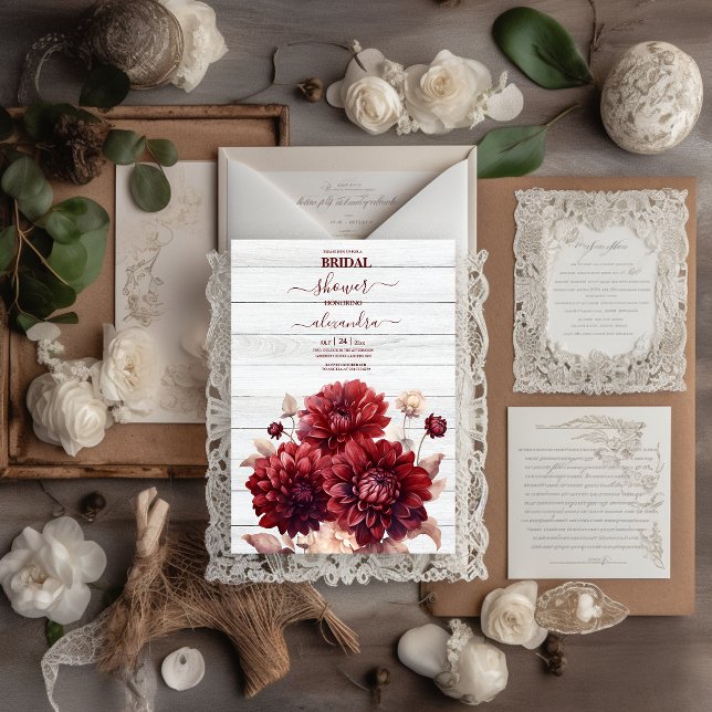 Invitación Elegante acuarela Borgoña Dahlia Bridal (Subido por el creador)