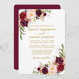 Invitación Elegante acuarela Borgoña Floral Boda Gold