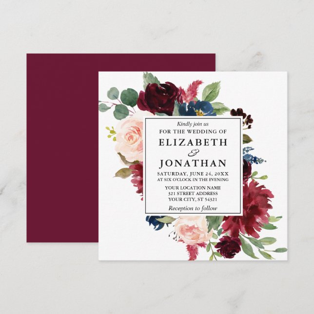 Invitación Elegante acuarela Borgoña Floral Boda Plaza (Anverso / Reverso)