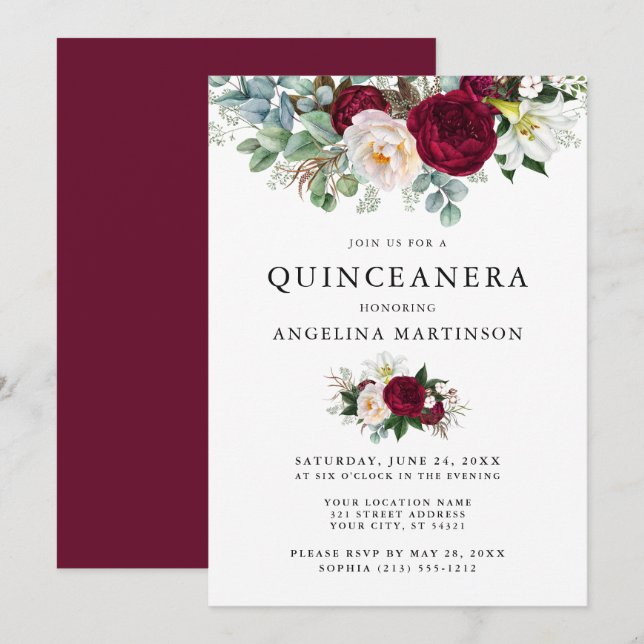 Invitación Elegante acuarela Borgoña Floral Quinceanera (Anverso / Reverso)