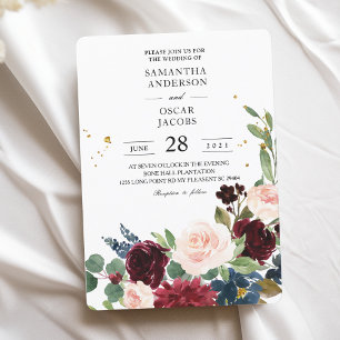 Invitación Elegante acuarela Borgoña Rubor y gotas de oro