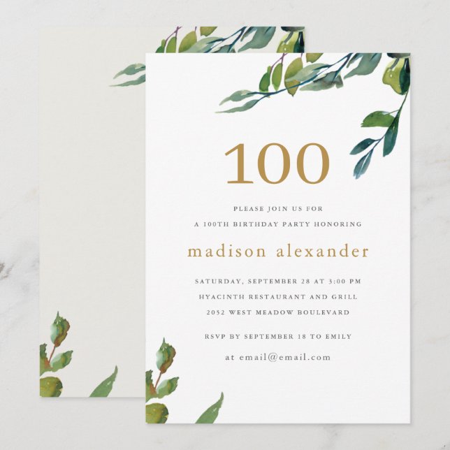 Invitación Elegante acuarela Botánica 100 cumpleaños (Anverso / Reverso)