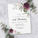 Invitación Elegante acuarela Botánica 50 cumpleaños<br><div class="desc">Celebra un cumpleaños especial de 50 años con esta hermosa invitación de fiesta con bordes florales en rosas borgoñas y rosas rosas rosas a cada lado del texto elegantemente colocado. Los colores son rosa pálido, rojo burdeos profundo y ciruela mezclada con vegetación etérea y flores de acento blanco diminuto. Personalice...</div>