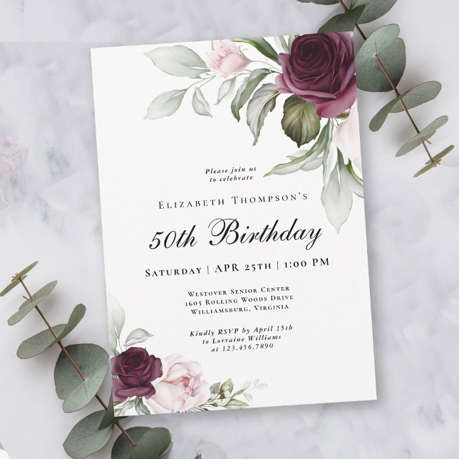 Invitación Elegante acuarela Botánica 50 cumpleaños (An elegant invitation for celebrating an important milestone birthday!)