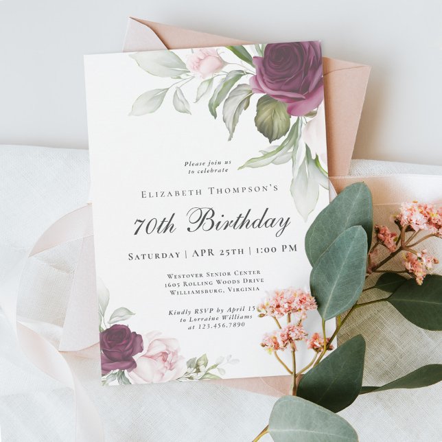 Invitación Elegante acuarela Botánica 70 cumpleaños (A beautifully feminine 70th birthday party invitation - available as printed or digital download!)