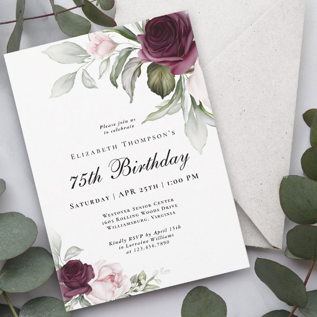 Invitación Elegante acuarela Botánica 75º cumpleaños (Stylish and feminine, this invitation is available as printed or digital download!)