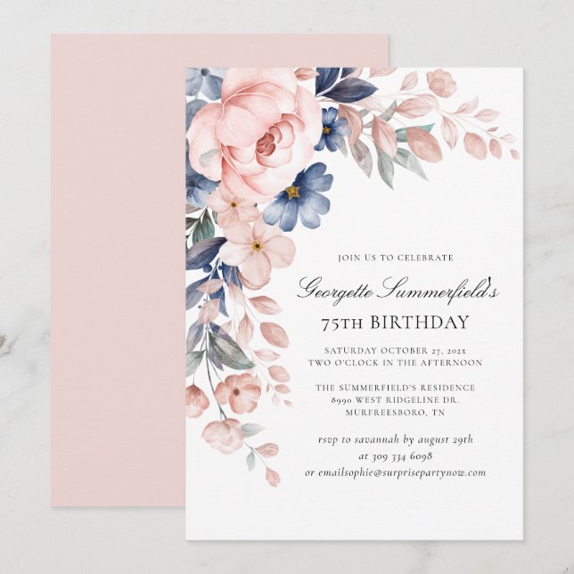 Invitación Elegante acuarela Botánica 75º cumpleaños (Anverso / Reverso)