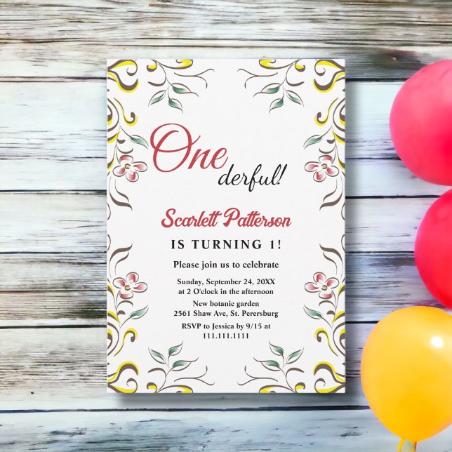 Invitación Elegante acuarela Botánica Floral 1er cumpleaños (Subido por el creador)