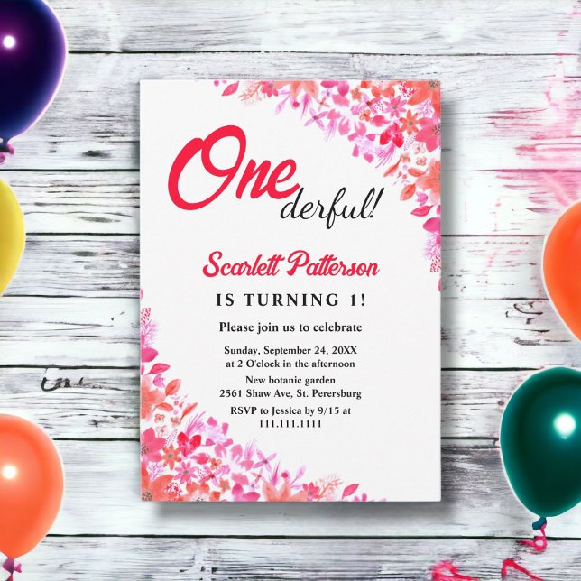 Invitación Elegante acuarela Botánica Floral 1er cumpleaños (Subido por el creador)
