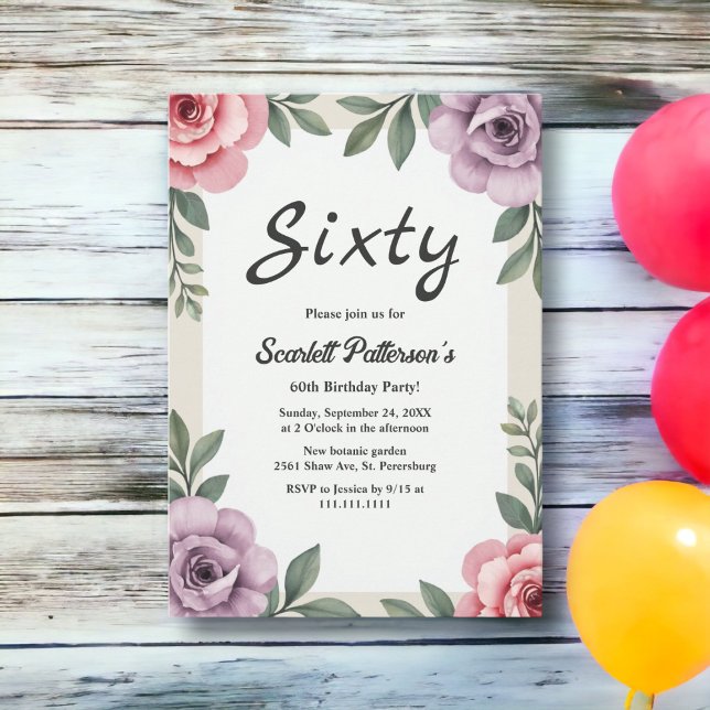 Invitación Elegante acuarela botánica Floral 60 cumpleaños (Subido por el creador)