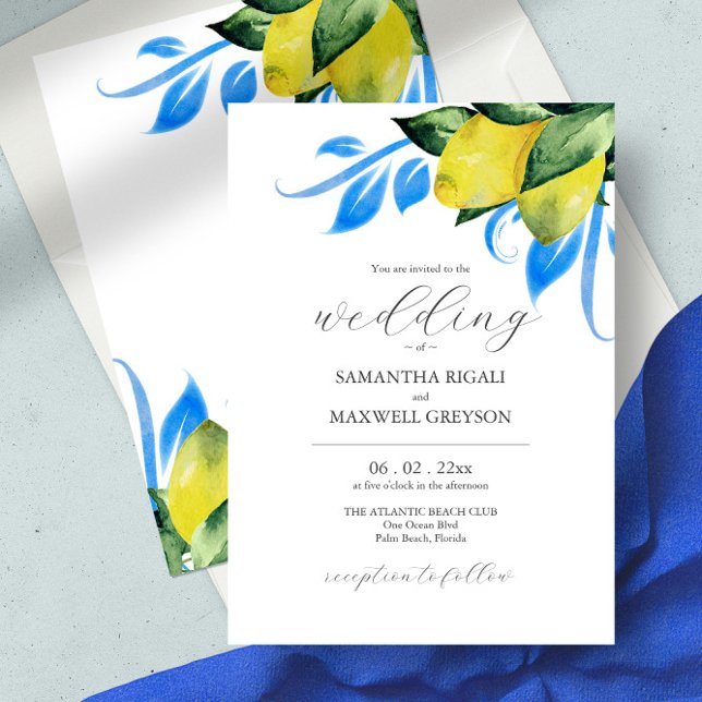 Invitación Elegante acuarela Botánica Lemon Mediterráneo (Italian wedding invitation yellow and blue watercolor lemons)