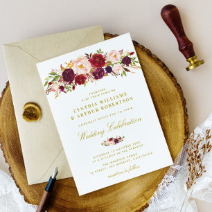 Invitación elegante acuarela burgundy ruborizada boda floral
