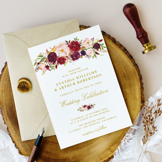 Invitación elegante acuarela burgundy ruborizada boda floral (Subido por el creador)