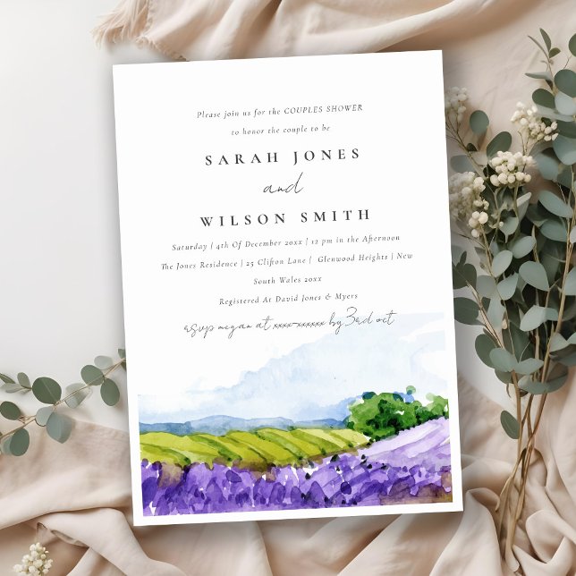 Invitación Elegante acuarela Campos de lavanda Ducha Parejas (Subido por el creador)